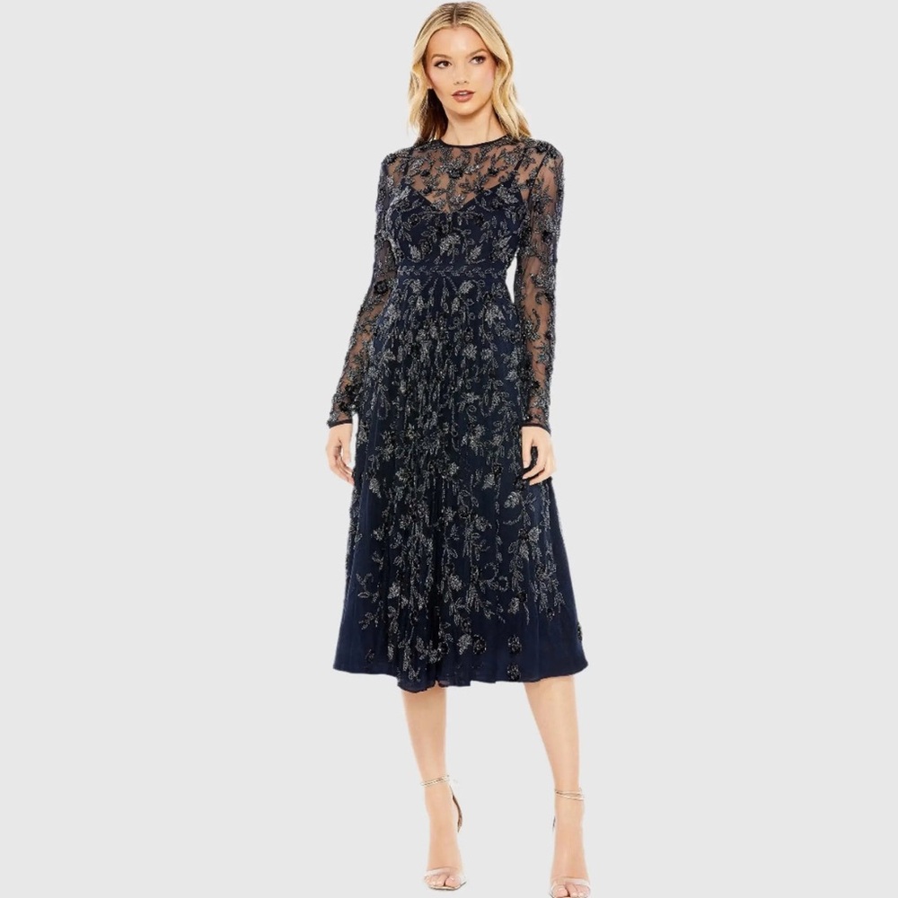 MAC DUGGAL Navy Beaded Illusion High Neck Long Sleeve A Line Dress NEW! S #10799